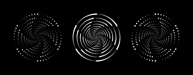 Set of speed lines in circle form. Halftone dotted speed lines. Abstract geometric circles with rotating radial lines who consisting of six sections. Vector illustration