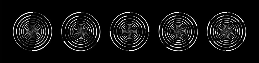 Set of speed lines in circle form. Abstract geometric circles with rotating radial lines. Design element for logo, prints, template or posters. Vector illustration