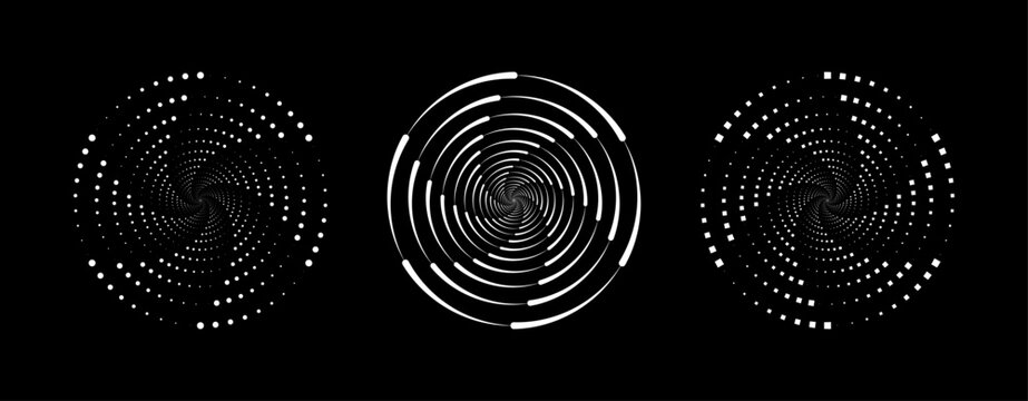 Set of speed lines in circle form. Halftone dotted speed lines. Abstract geometric circles with rotating radial lines who consisting of six sections. Vector illustration