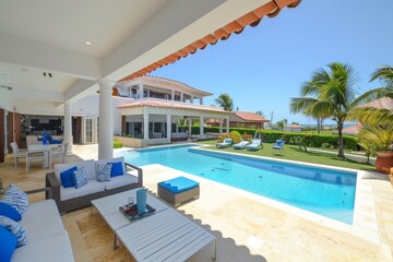 Fototapeta premium Luxurious modern villa with private pool and ocean view, creating a serene and stylish space perfect for relaxation and leisure.