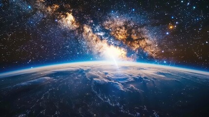 Obraz premium Stunning view of Earth from space with the Milky Way galaxy illuminating the sky, showing the universe's beauty.