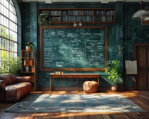 Modern Classroom Education - Full-Frame 3D Rendering of Digital Blackboard with Mathematical Equations and Diagrams