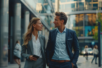 Colleagues businesswoman and man in the street near the business center, real estate background.