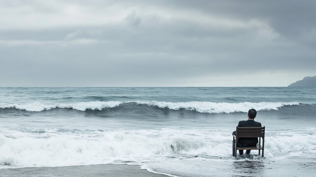 A king Cnut or Canute sea waves business man concept with overconfident businessman in his arrogance standing against the prevailing wisdom trying to turn back the tide