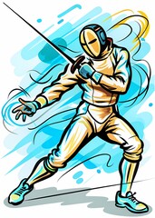 Obraz premium Fencing Athlete in Combat: Dynamic Thrust and Parry, perfect for sports magazines, fencing club promotions, training materials, or articles about precision and strategy in sports.