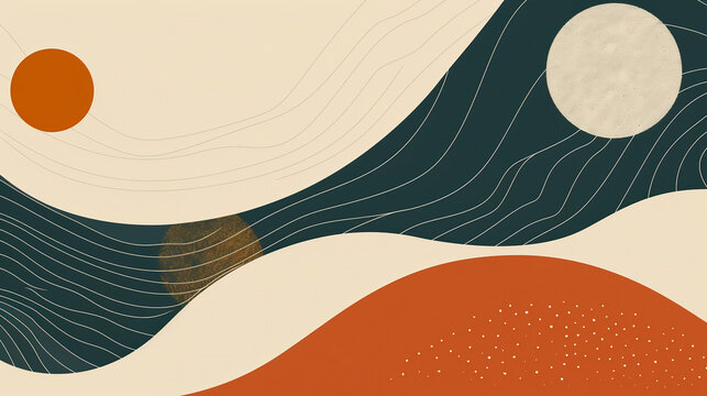 Flat Vector Illustration Of Two Abstract Shapes Rounded Edges Irregular Circles Earthy Tones Like Terracotta Orange, Navy Blue, Beige, And Cream Textured Background With Wave-like Lines
