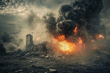 Apocalyptic urban scene with catastrophic explosion. Fiery inferno. And chaotic destruction in the city. Creating a warzone of rubble. Debris. And danger