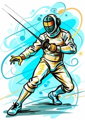 Obraz premium Fencing Athlete in Combat: Dynamic Thrust and Parry, perfect for sports magazines, fencing club promotions, training materials, or articles about precision and strategy in sports.