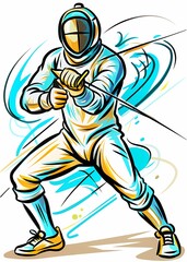 Obraz premium Fencing Athlete in Combat: Dynamic Thrust and Parry, perfect for sports magazines, fencing club promotions, training materials, or articles about precision and strategy in sports.