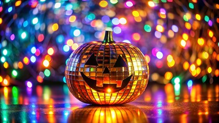 Halloween Disco Ball Pumpkin Lantern with Colorful Bokeh Lights Background. Good for Halloween party poster, invitation, card