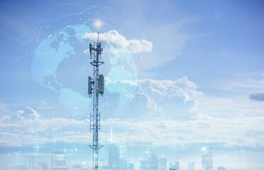 Obraz premium Telecommunication tower or Mobile phone tower with 5G cellular network . Global connection and internet network concept.on city background.