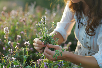 "Woman Collecting Wild Thyme Flowers: Natural Medicine Concept"