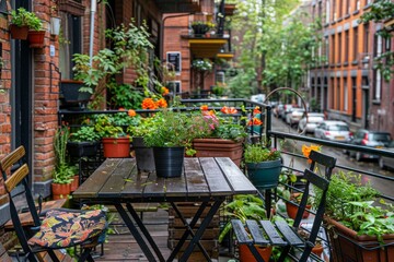 Cozy urban garden with brick walls, colorful flowers, and wooden furniture, creating a charming and inviting atmosphere.