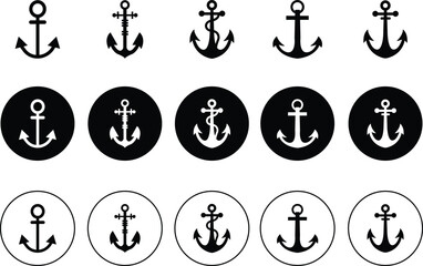 Anchor fill icons Set. Ship Anchor vectors. Nautical maritime sea ocean boat illustration symbols. Marine retro emblem logos with anchor and rope, logos inspiration isolated on transparent background.