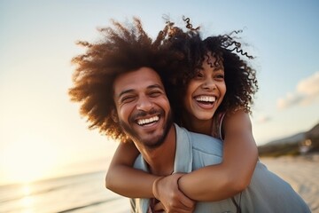 Fototapeta premium Portrait of black couple at the beach smile laughing vacation.