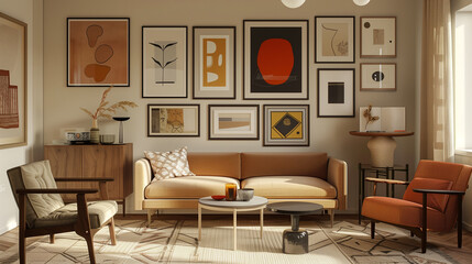 A modern living room featuring a gallery wall with eclectic framed art pieces, cozy furniture, and warm lighting.