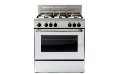 Gas stove with blue flames isolated on white background