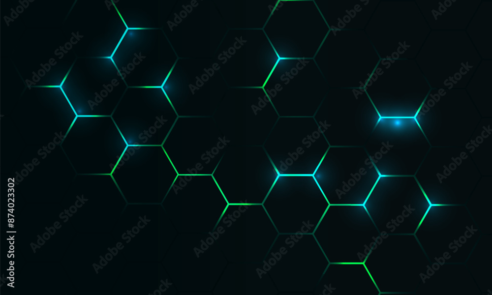 Poster Dark hexagon abstract technology background with blue and green colored bright flashes under hexagon. Hexagonal gaming vector tech illustration black abstract background.