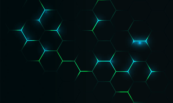 Dark hexagon abstract technology background with blue and green colored bright flashes under hexagon. Hexagonal gaming vector tech illustration black abstract background.