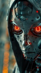 Fototapeta premium Close-up of a robotic face with glowing orange eyes and intricate circuitry.