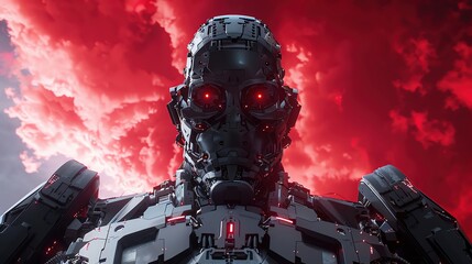 A chilling cyborg, towering overhead, against a crimson sky, captured from below in a worms-eye view Combine futuristic tech and horror with an unexpected camera angle