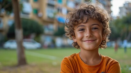 Smiling Boy in Outdoor Urban Setting. Generative ai