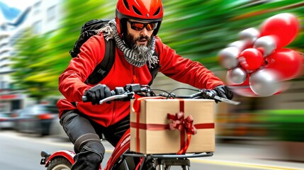 Courier Delivering Gift Box on Bicycle with Balloons. Generative ai