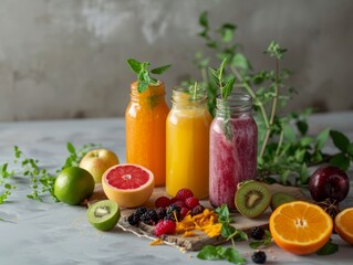 Glasses of freshly squeezed fruit juice surrounded by a variety of fruits and vegetables.