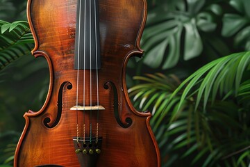 Fototapeta premium Closeup of a wooden violin against a lush green tropical backdrop.