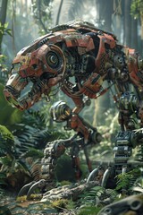 Fototapeta premium A robotic dinosaur, with a rusty, overgrown exterior, stands in a lush jungle.