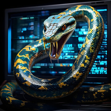 Python snake and coding numbers on a screen to represent Python computer language
