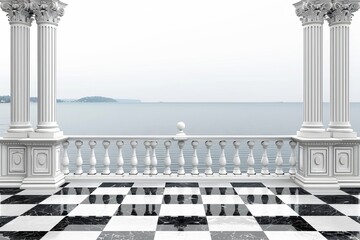 Obraz premium Elegant balcony with classic columns, overlooking serene sea, monochromatic and sophisticated outdoor space.