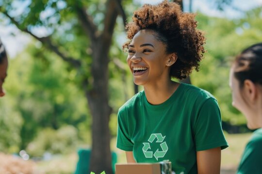 Black woman volunteer staff laughing outdoors nature. - Powered by Adobe