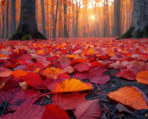 Serene Autumn Forest with Colorful Fallen Leaves and Sunlight Filtering Through Branches