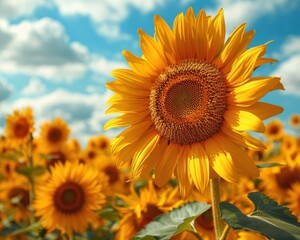 Obraz premium Golden Sunflower Field: Vibrant Blooms Under Clear Blue Sky