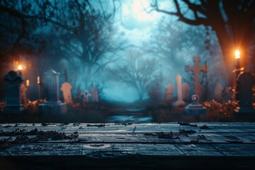 Scary cemetery scene with wooden planks in the foreground, fog and tombstones in the background, full moon shining. Ideal for Halloween or horror theme