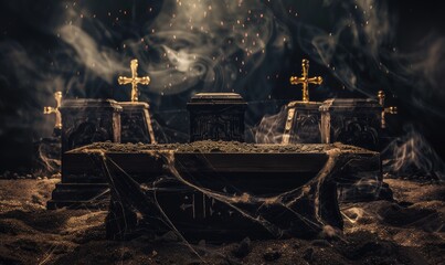 Scary cemetery scene with wooden planks in the foreground, fog and tombstones in the background, full moon shining. Ideal for Halloween or horror theme