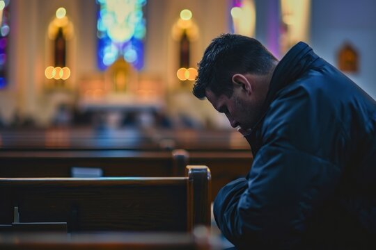 Man praying in the church adult disappointment contemplation.