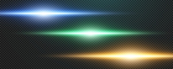 Set of realistic vector red, green, blue, gold and white stars png. Set of vector suns png. Red flares with highlights. Horizontal light lines, laser, flash.