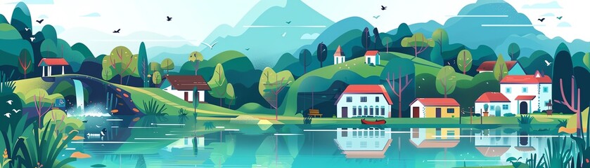 Community using hydroelectric power, sustainable village, flat design illustration