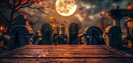 Fototapeta premium Scary cemetery scene with wooden planks in the foreground, fog and tombstones in the background, full moon shining. Ideal for Halloween or horror theme