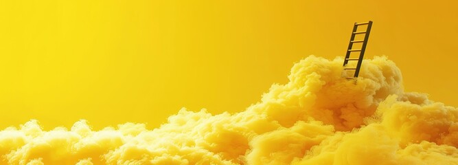 A group of yellow clouds at the end of which is a wooden ladder with a yellow background