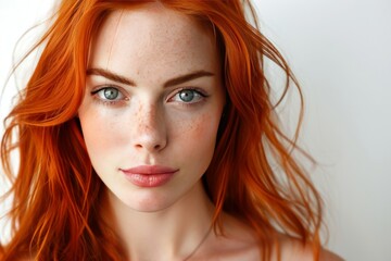 Naklejka premium Striking woman with red hair and freckles posing confidently against plain background