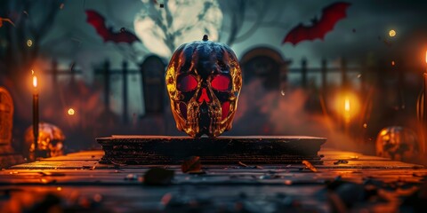 Scary cemetery scene with wooden planks in the foreground, fog and tombstones in the background, full moon shining. Ideal for Halloween or horror theme