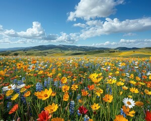 Fototapeta premium Blossoming Mosaic: Stunning Field of Vibrant Wildflowers Amidst Rolling Hills