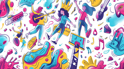 Obraz premium Friendship Day and Youth Day - Friends Having Fun Colorful Background with Doodles PNG File, Isolated on White