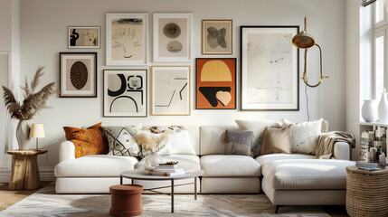 A modern living room featuring a gallery wall with eclectic framed art pieces, cozy furniture, and warm lighting.