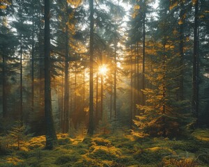 Fototapeta premium Tranquil Forest Oasis: Sunlight Filtering Through Tall Pine Trees and Moss-Covered Ground in Serene Nature Scene