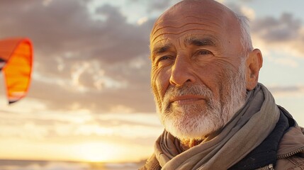 Senior man kite surfing near the shore with a vibrant sunset in the background Stock Photo with copy space
