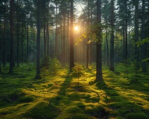 Fototapeta premium Tranquil Forest Serenity - A Stunning Capture of Lush Pine Trees, Mossy Ground, and Sunlight Peeking Through Canopy in Nature's Beauty